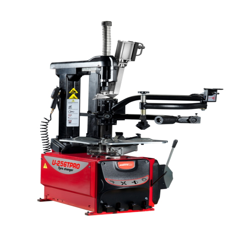 Máy ra vào lốp xe con tự động không sử dụng lơ via, bao gồm tay hỗ trợ và trục chính có thể điều chỉnh, màu ghi RAL7016)