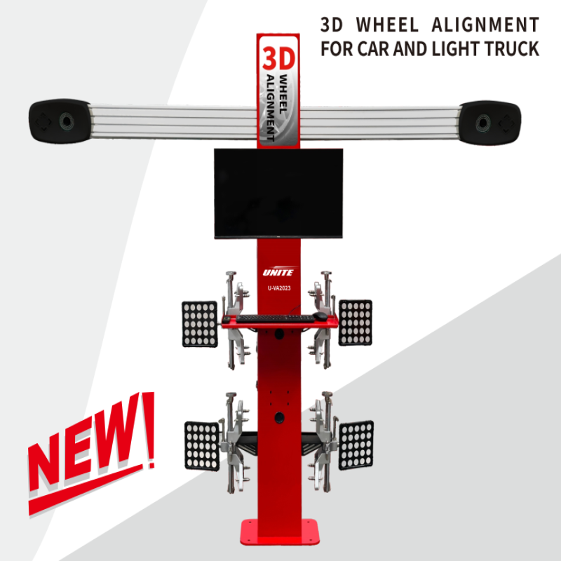 Thiết bị kiểm tra góc đặt bánh xe công nghệ 3D 2 camera cố định, bao gồm bộ kẹp bánh xe, màu đỏ.