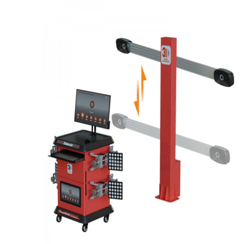 Thiết bị kiểm tra góc đặt bánh xe công nghệ 3D, 2 camera di chuyển tự động, bao gồm bộ kẹp vành (màu xám).