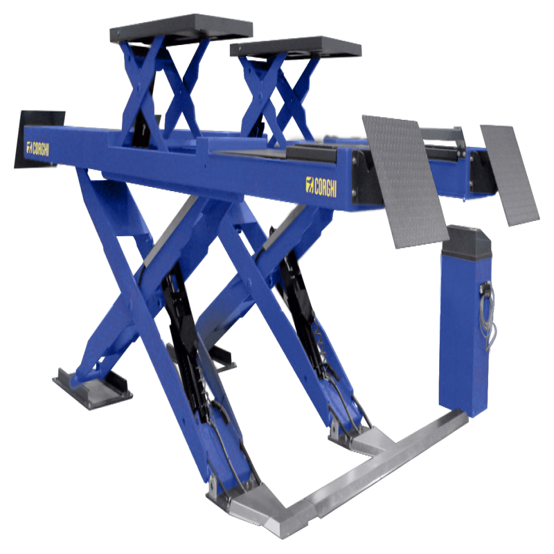 Cầu nâng cắt kéo kiểm tra góc đặt bánh xe 4,3 tấn, lắp chìm, có bàn nâng phụ, 3 pha, màu xanh (bao gồm đĩa lái Trung Quốc và bộ phụ kiện)