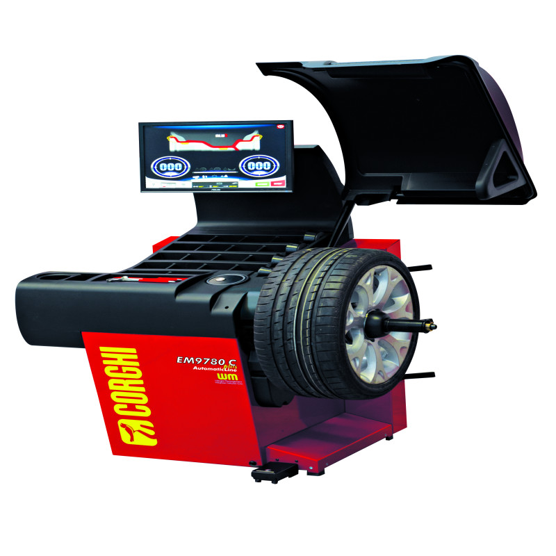 Máy cân bằng lốp xe con, màn hình cảm ứng, phanh điện, kẹp vành tự động Winut (bao gồm laser vị trí, cảm biến đo tự động - màu đỏ)