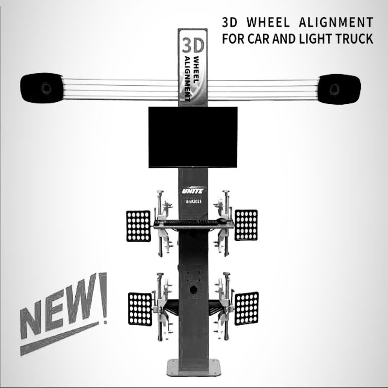 Thiết bị kiểm tra góc đặt bánh xe công nghệ 3D 2 camera cố định, bao gồm bộ kẹp bánh xe, màu xám.