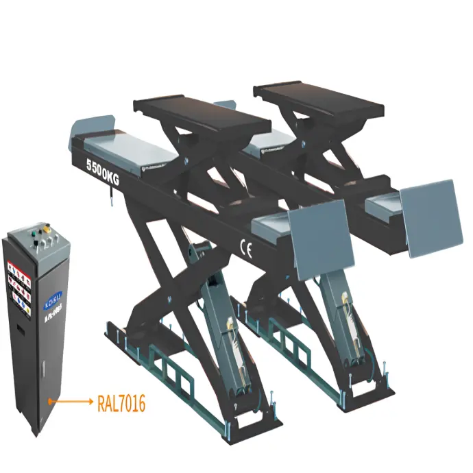 Cầu nâng cắt kéo kiểm tra góc đặt bánh xe 5.5 tấn, lắp chìm, có bàn nâng phụ (3 pha , màu xám, bao gồm đĩa lái).